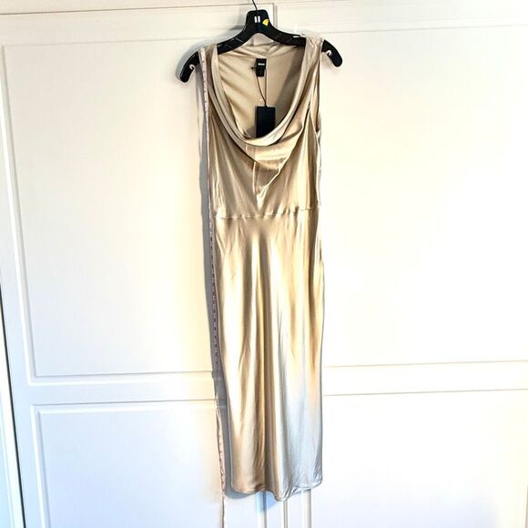NWT BOSS “Dawida” satin cowl neck midi dress in champagne gold Size 8 - Picture 12 of 16